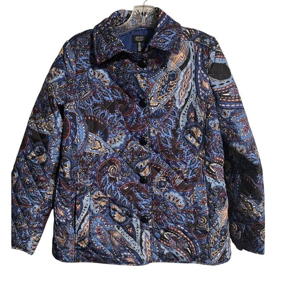 Jones New York Signature Womens Quilted Jacket Size Small Blue Paisley Button Up - Picture 1 of 8